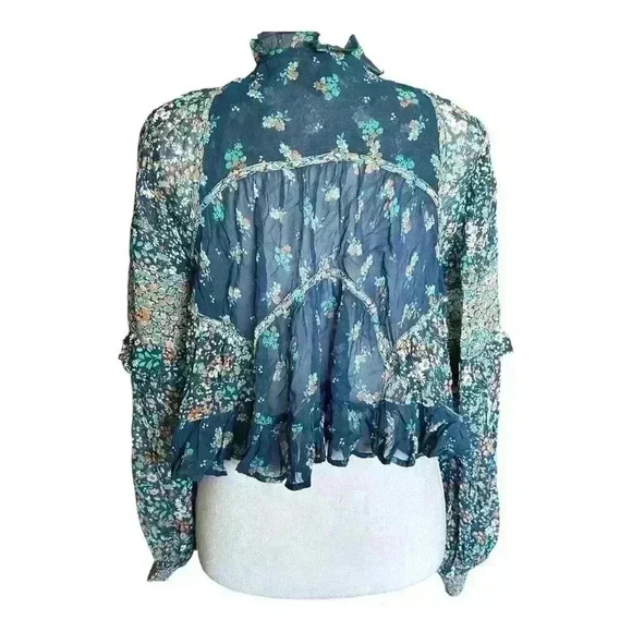 Anthropologie NWT Boho Blue Floral Sheer Babydoll Cropped Oversized Blouse XS - Picture 5 of 10